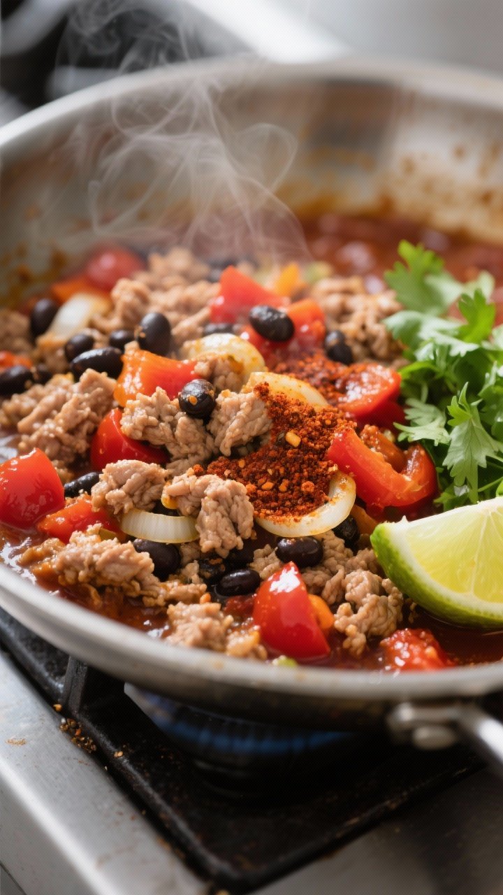 Cooking process close-up: Lean ground turkey taco mixture sizzling in a wide stainless skillet, turk