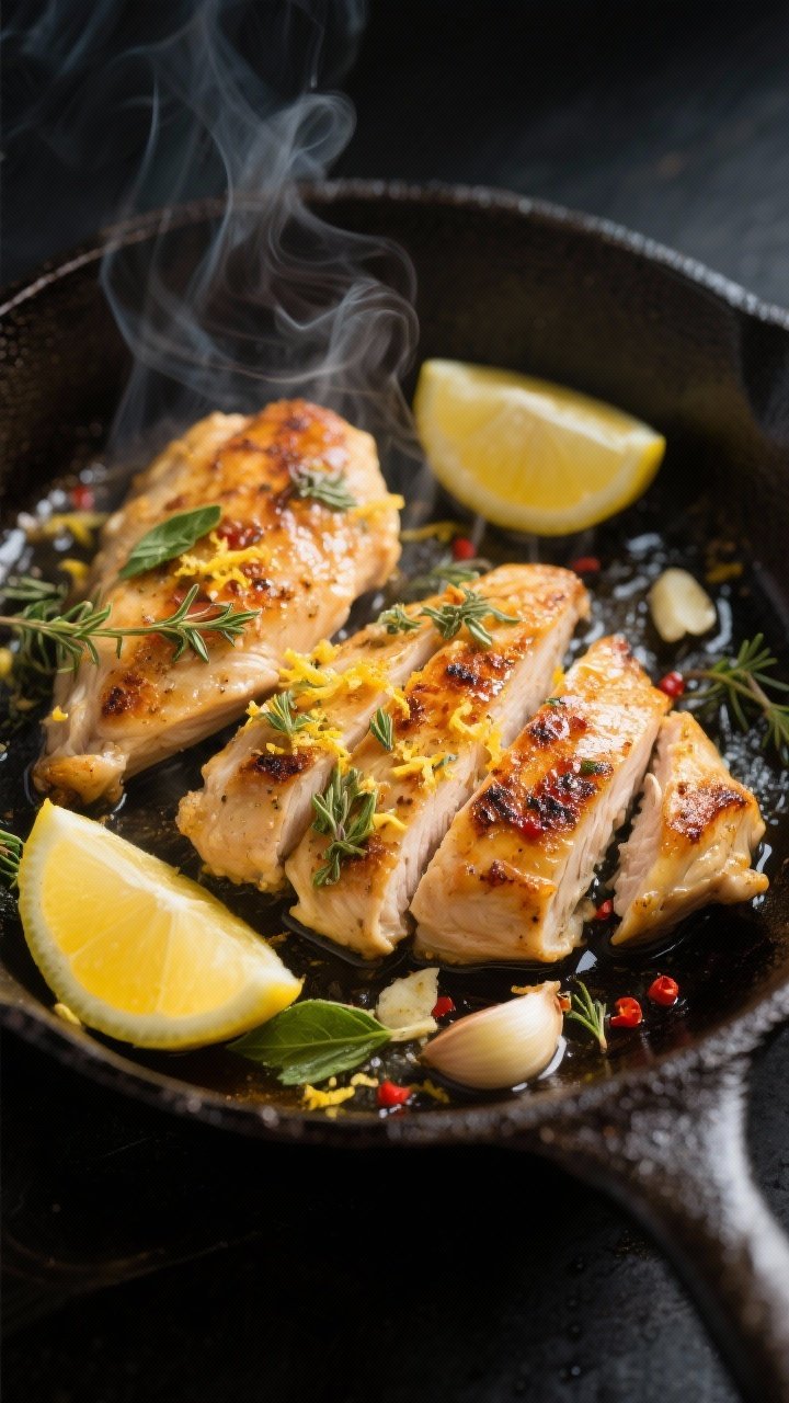 Cooking process close-up: Lemon herb chicken searing in a hot cast-iron skillet, golden-brown crust 