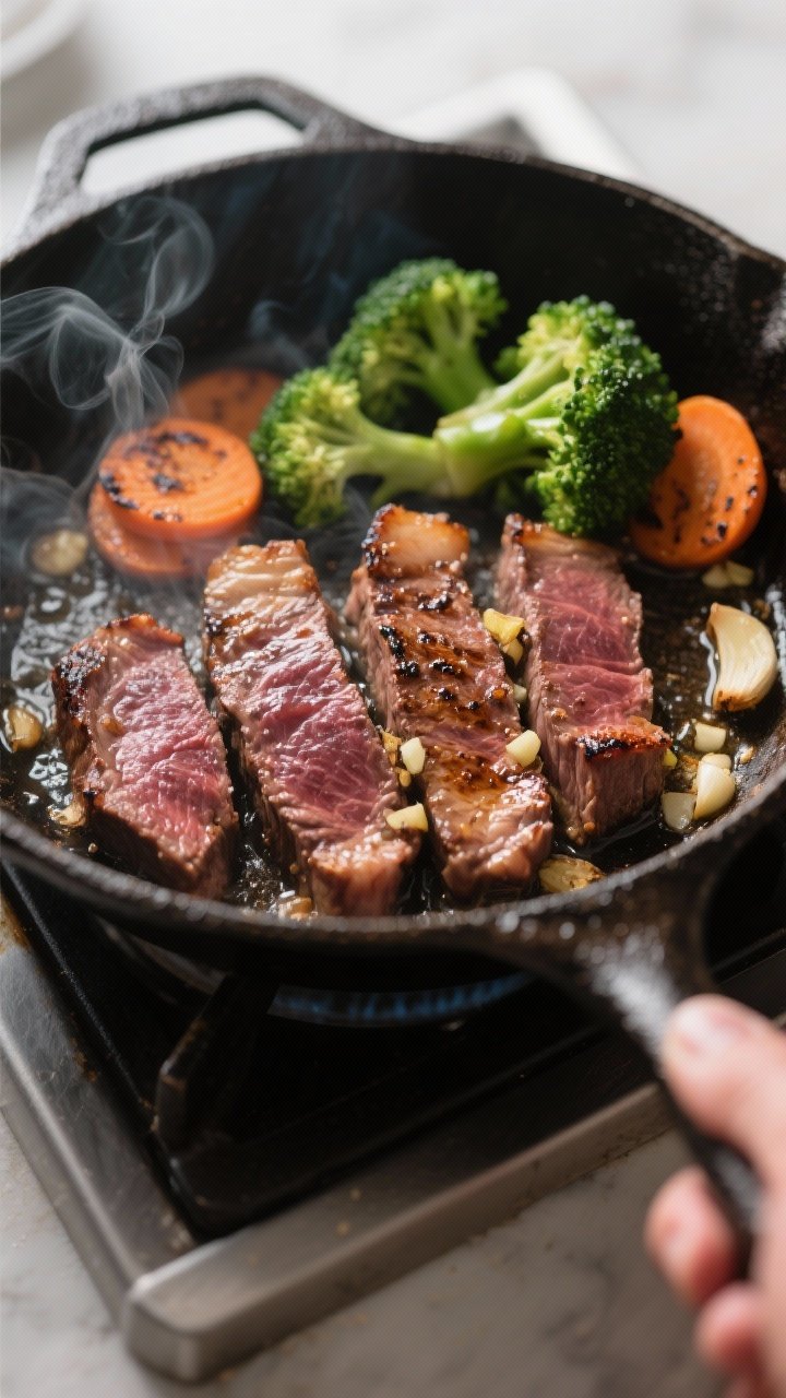 Cooking process, close-up sear: Close-up of thinly sliced beef sizzling in a hot skillet, deep mahog