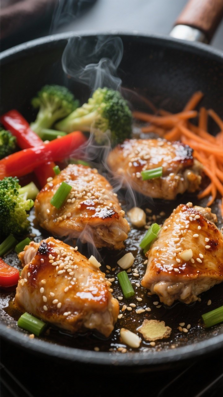 Cooking process, close-up: Searing bite-size chicken thighs in a carbon steel skillet over medium-hi