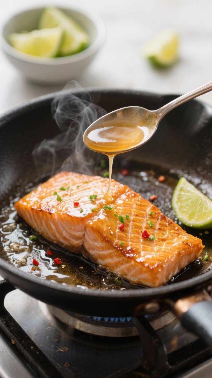 Cooking process close-up: Searing honey-lime glazed salmon fillets skin-side down in a hot stainless
