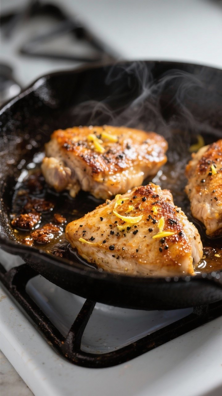 Cooking process, close-up: Searing lemon-pepper chicken thighs in a hot skillet, deep golden crust w