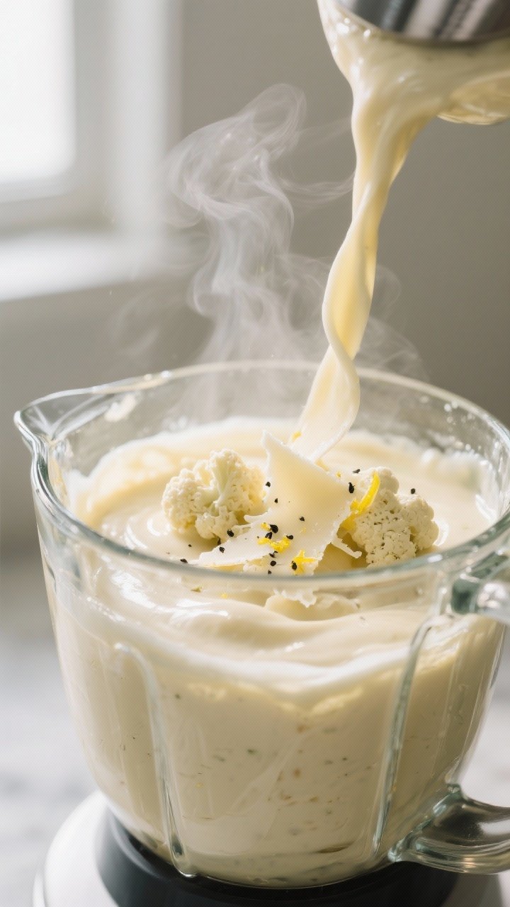 Cooking process close-up: Silky cauliflower Alfredo sauce being blended until ultra-smooth in a glas