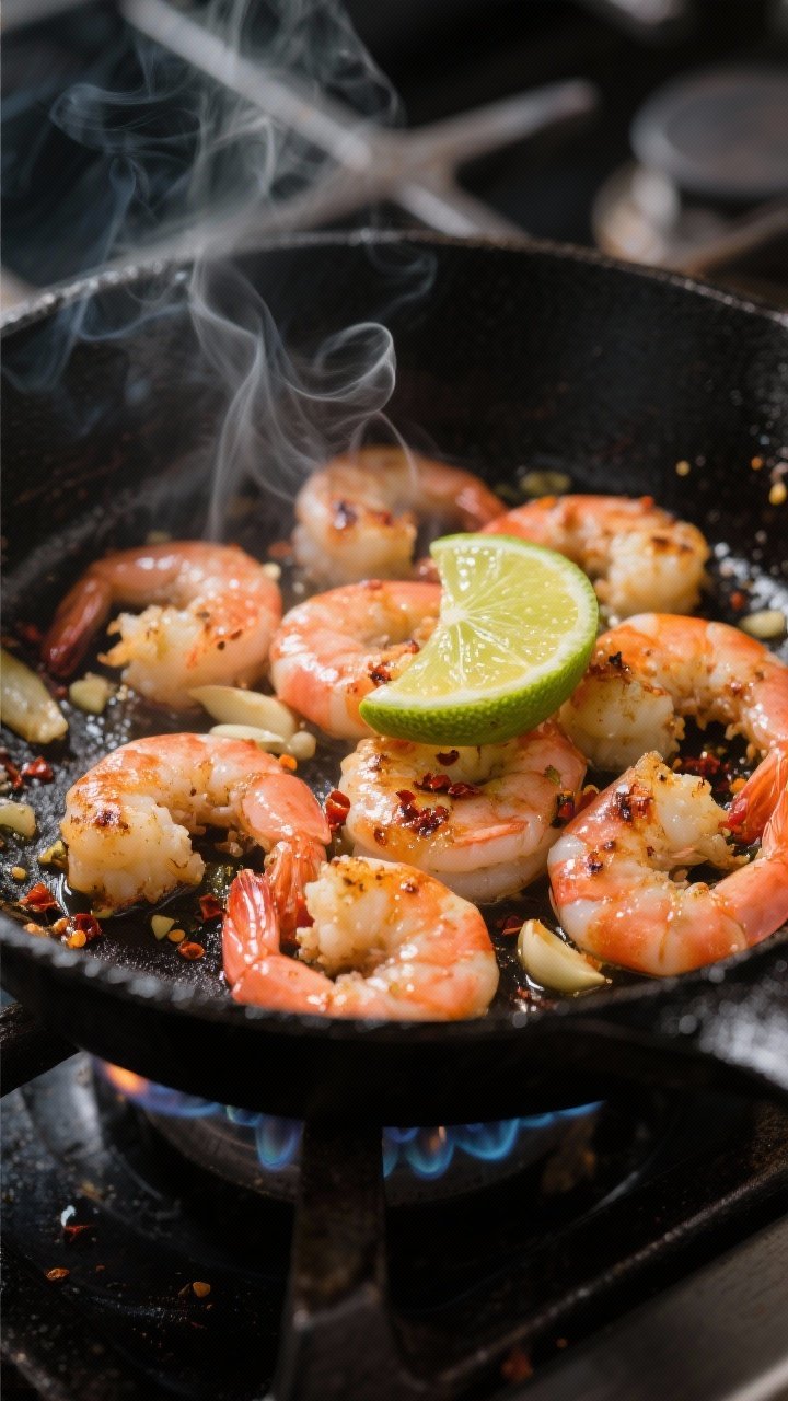 Cooking process close-up: Sizzling chili-cumin-lime shrimp in a black cast-iron skillet over medium-
