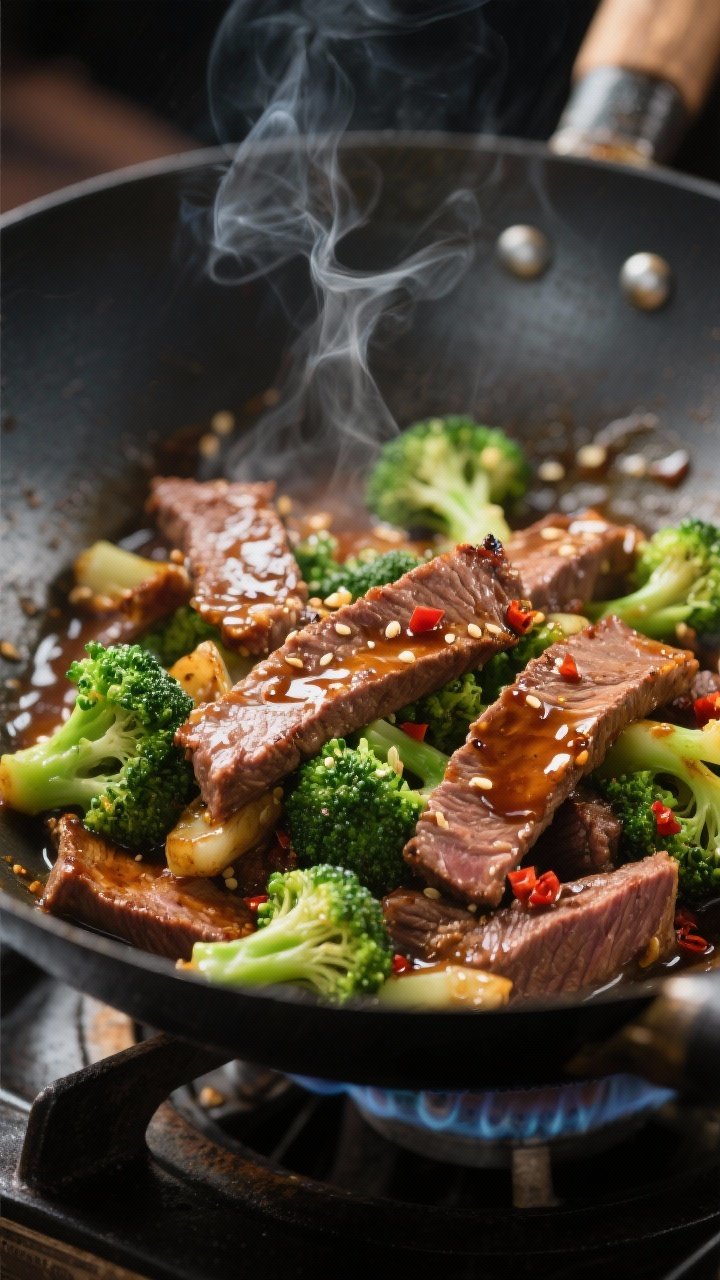 Cooking process close-up: Sizzling strips of seared flank steak and crisp-tender broccoli tossing to