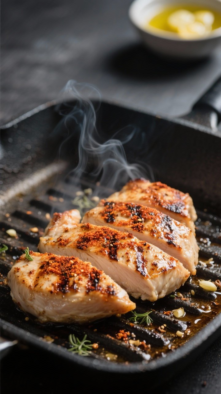 Cooking process close-up: Sliced grilled chicken cutlets sizzling on a preheated grill pan, deep cha
