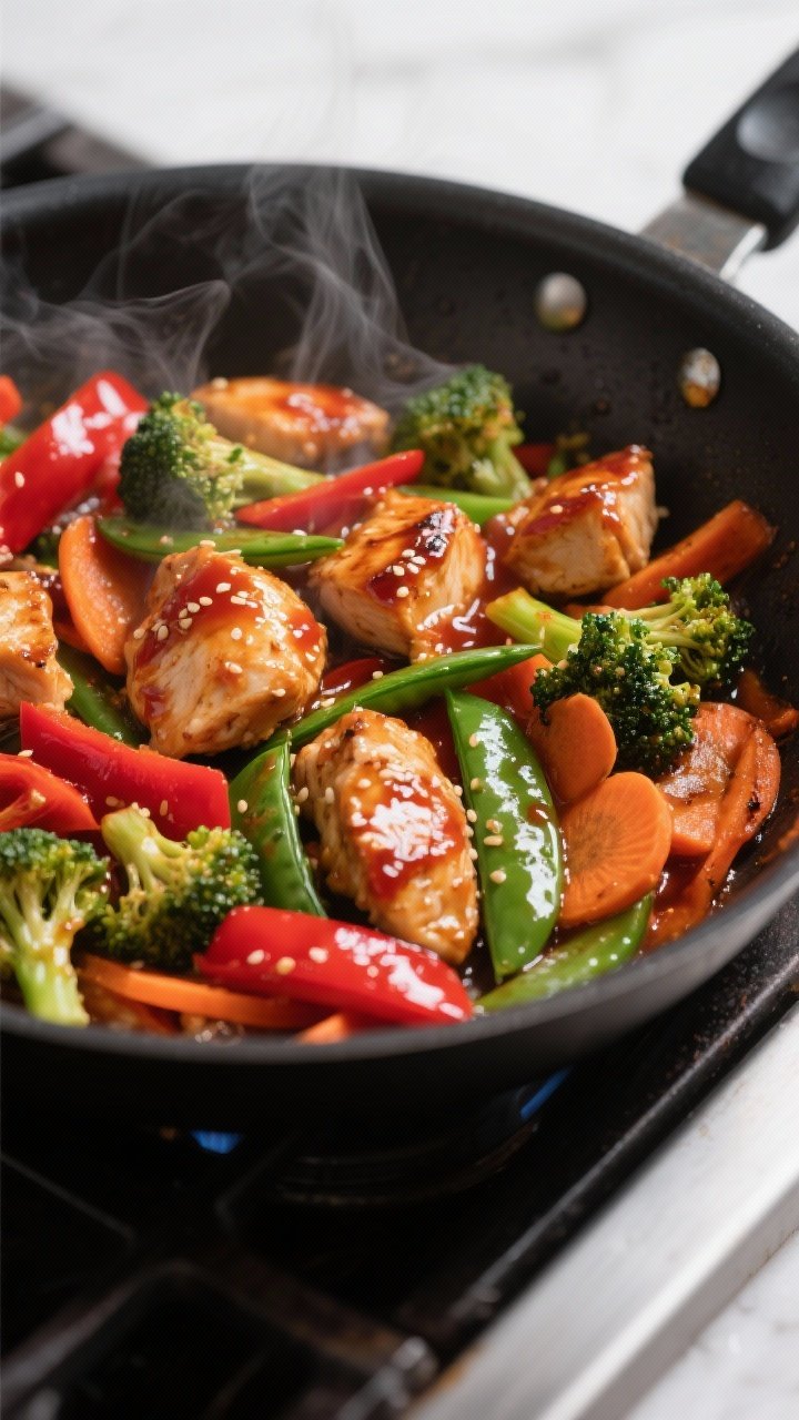 Cooking process close-up: Sriracha chicken and veggies sizzling in a large skillet over medium-high 