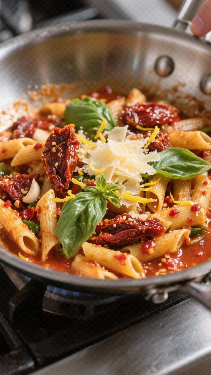 Cooking process close-up: Sun-dried tomato and basil pasta being tossed in a wide stainless steel sk