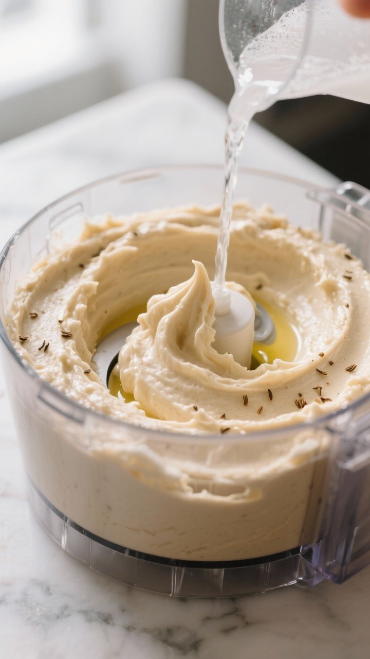 Cooking process close-up: Ultra-creamy hummus mid-blend in a food processor, lid off, showing a soft