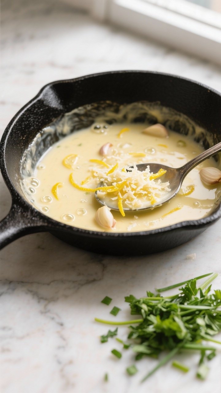 Cooking process: Creamy lemon-garlic butter sauce mid-simmer in skillet after deglazing—silky pale