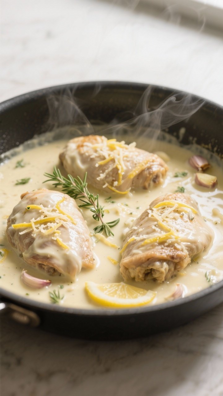 Cooking process: Creamy lemon-garlic sauce being finished in the pan—silky sauce gently simmering 