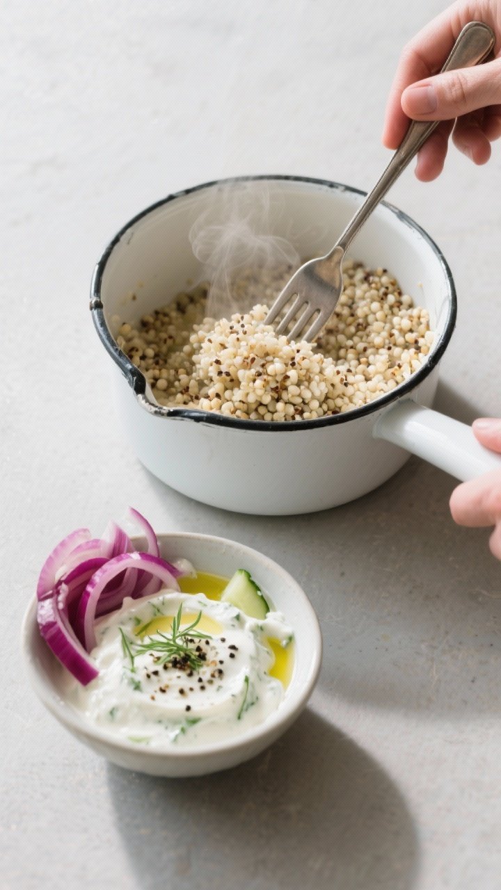 Cooking process: Fluffy quinoa being fluffed with a fork in a white enamel saucepan, pearls separate