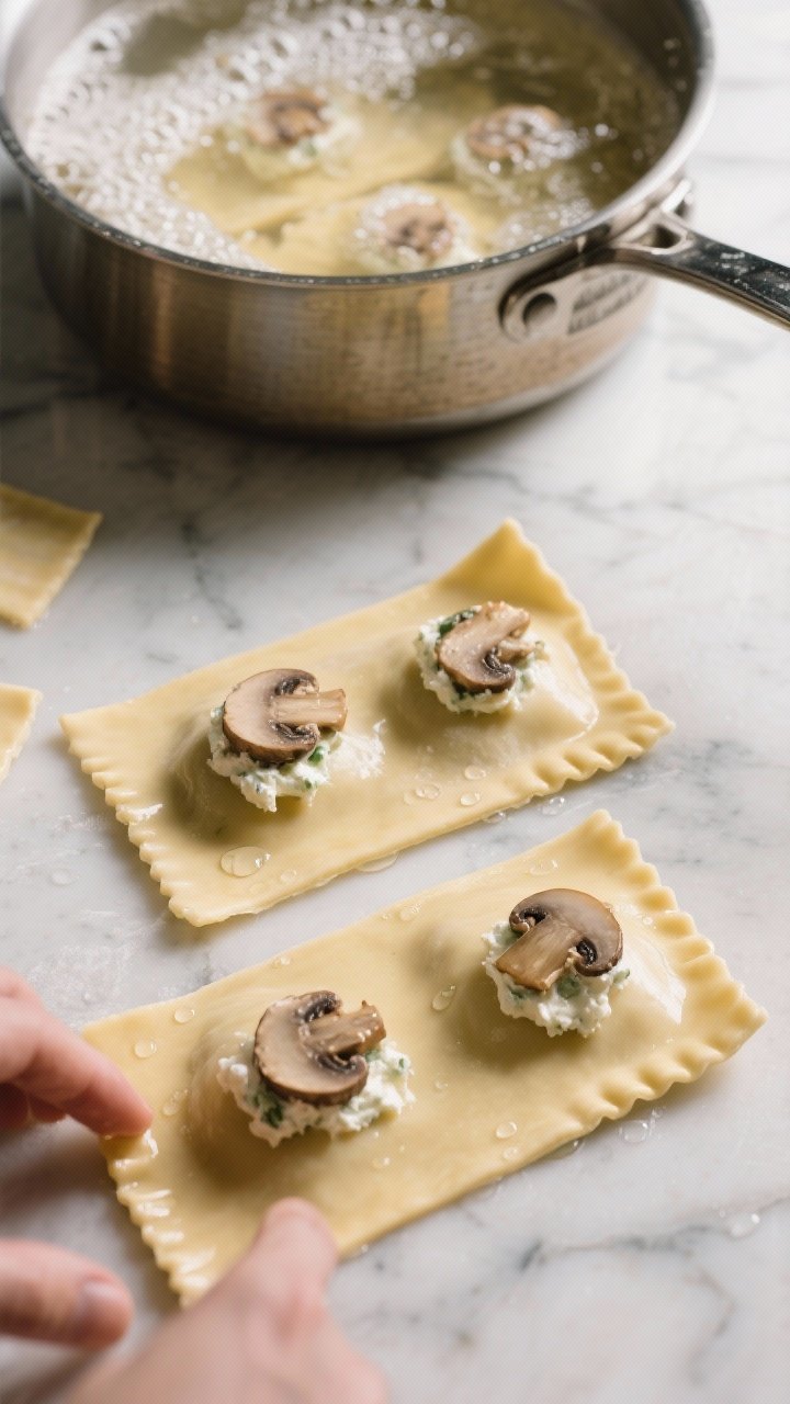 Cooking process: Fresh ravioli being formed—two nearly translucent pasta sheets with evenly spaced