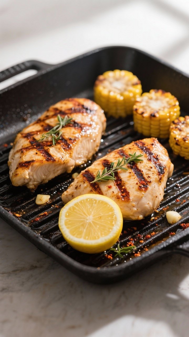 Cooking process — grilled chicken: Juicy grilled chicken breasts sizzling on a preheated grill pan