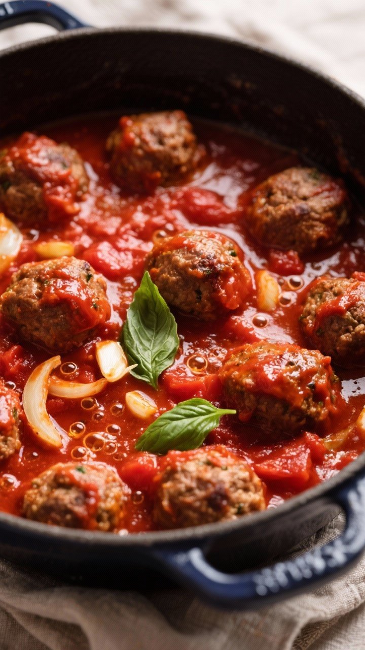 Cooking process hero: Meatballs nestled in a gently simmering tomato sauce in a Dutch oven, overhead