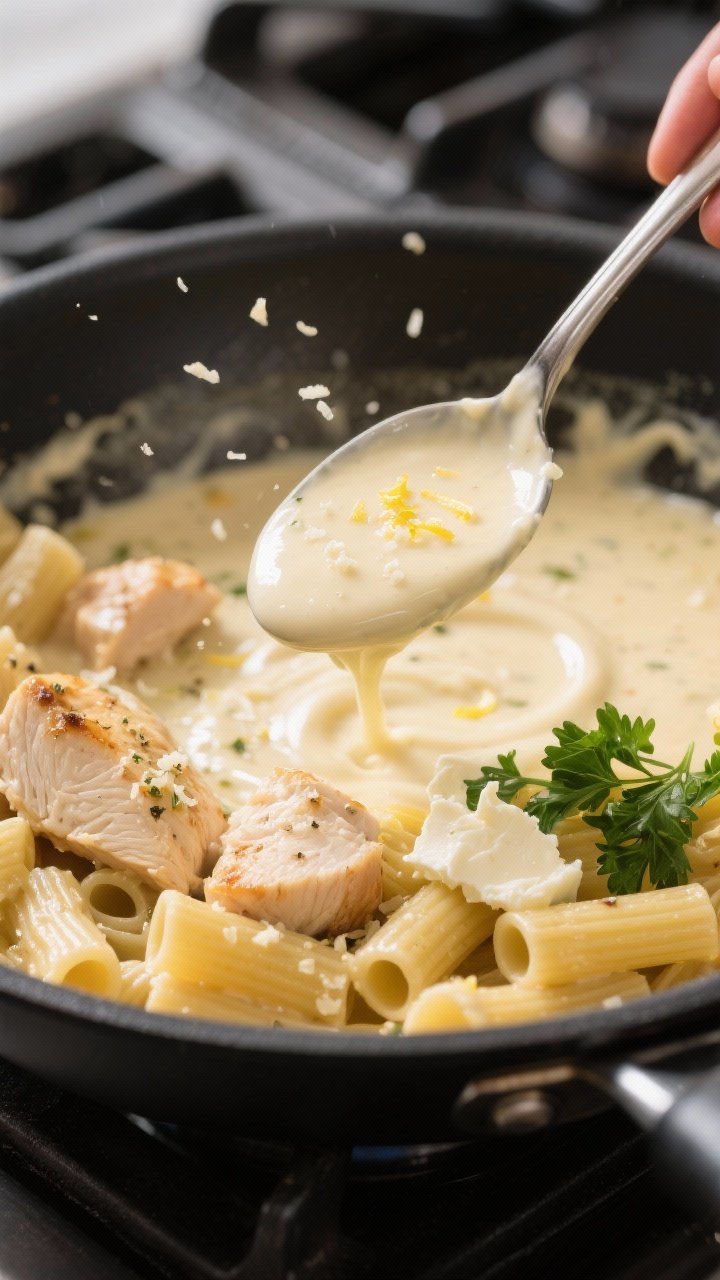 Cooking process: In-skillet scene of the velvety Alfredo sauce being finished—smooth, glossy cream
