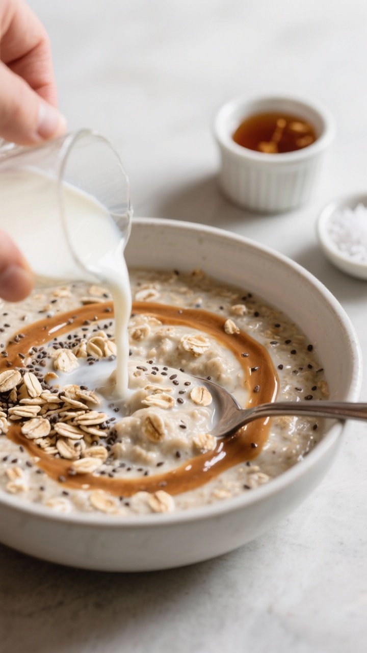 Cooking process moment: The “morning check-in” step captured in a wide, clean bowl—spoon stirr