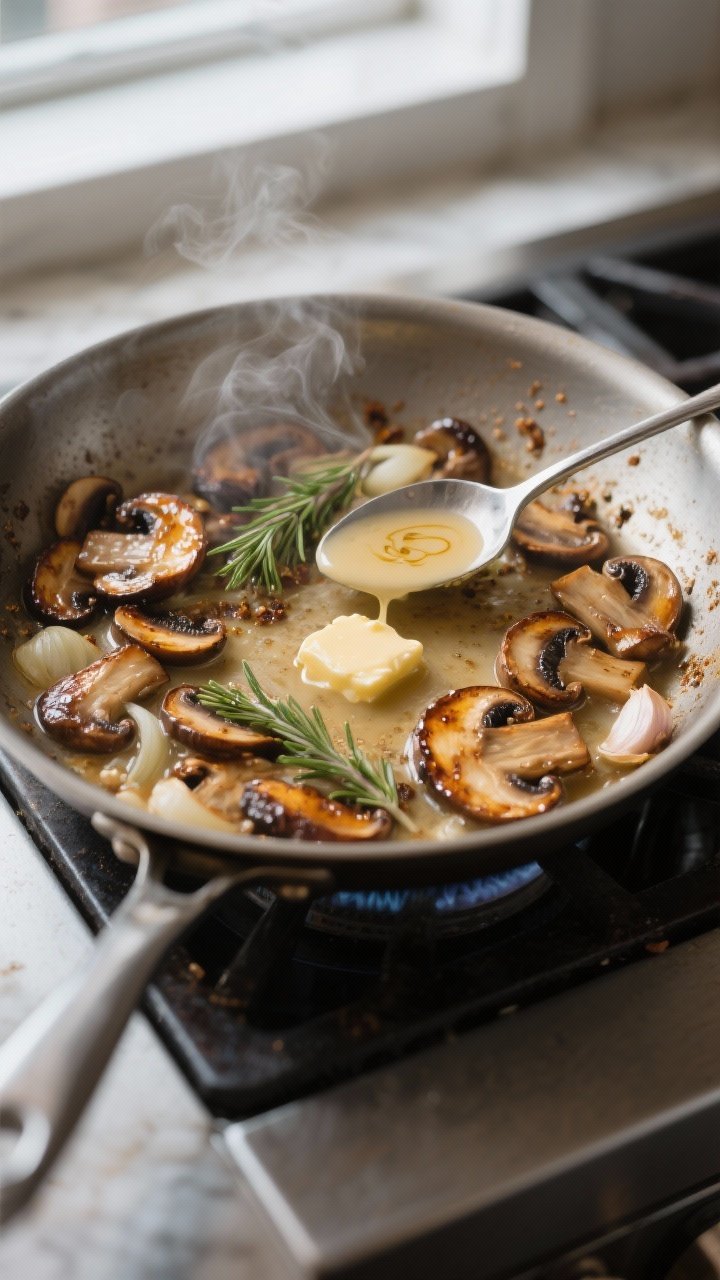 Cooking process: Mushrooms sizzling in a wide skillet mid-sauce, cremini slices caramelized to deep