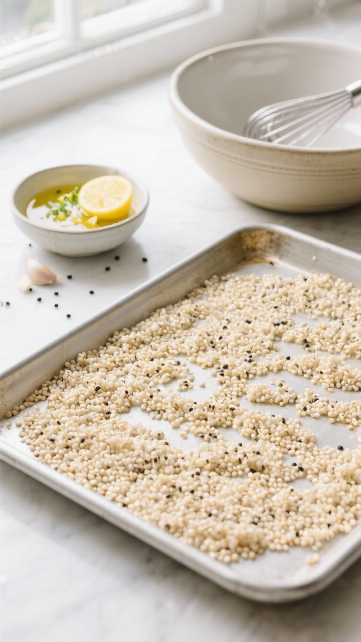 Cooking process, overhead: Fluffy, fully cooked quinoa being spread thinly across a rimmed sheet pan