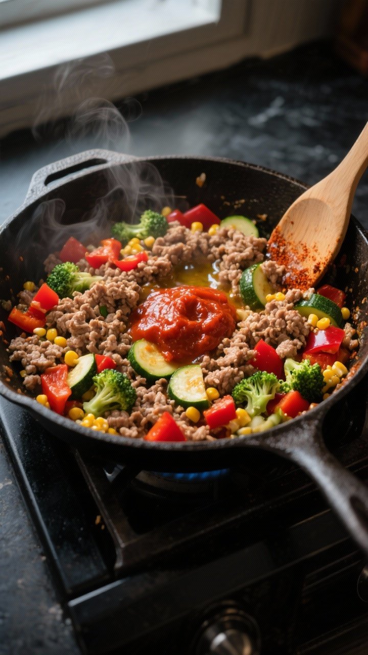 Cooking process, overhead: Ground turkey veggie skillet mid-cook in a 12-inch cast-iron pan on the s
