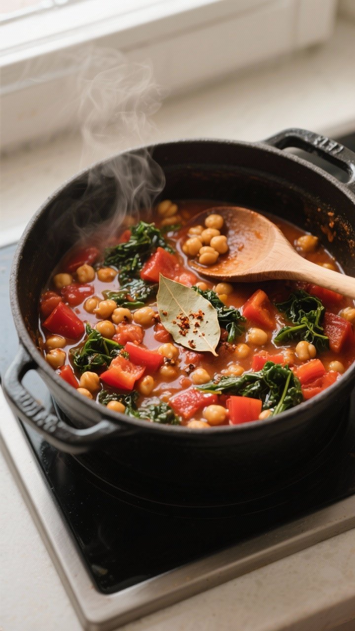 Cooking process, overhead: Mediterranean chickpea stew mid-simmer in a wide, matte black Dutch oven 