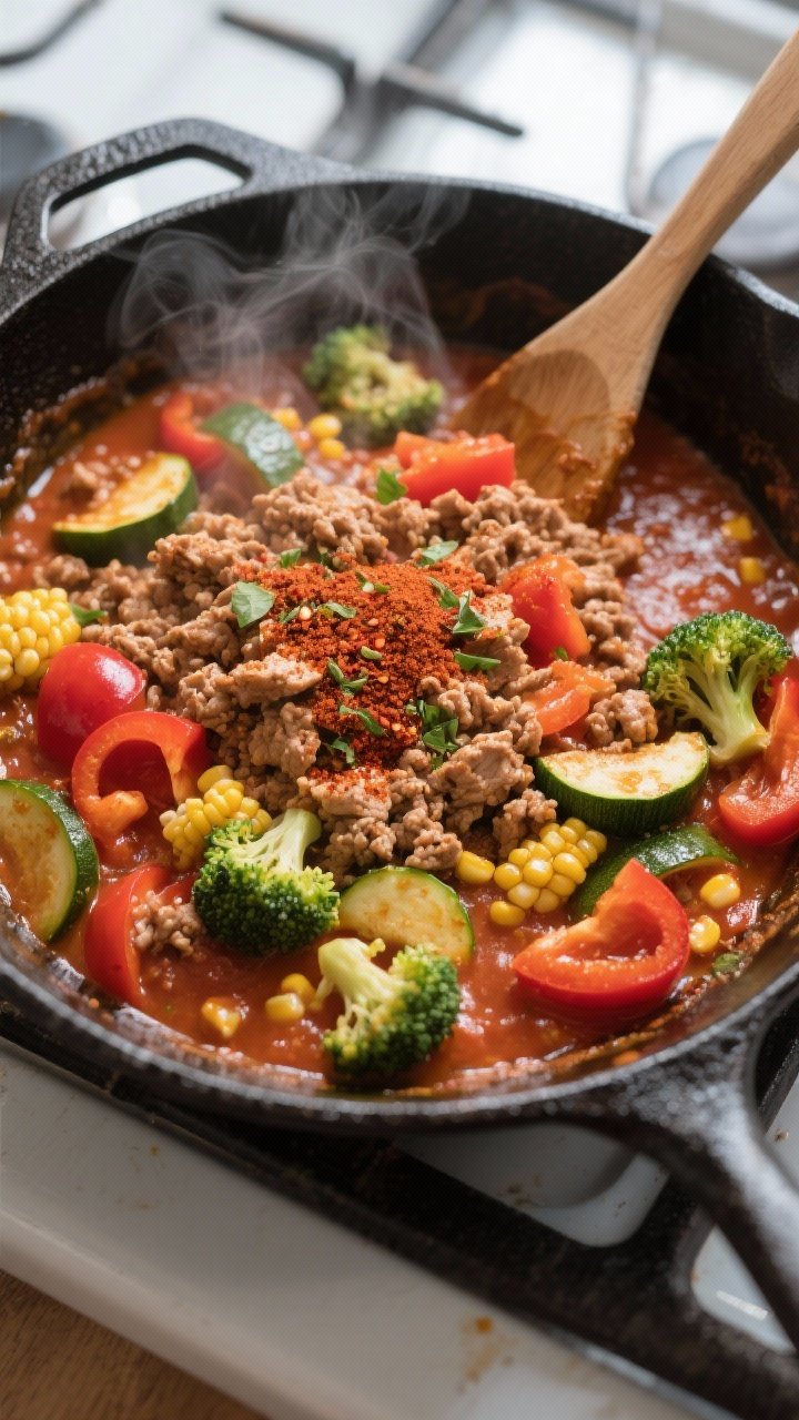 Cooking process, overhead: Overhead shot of a sizzling one-pan Veggie-Packed Turkey Skillet mid-simm