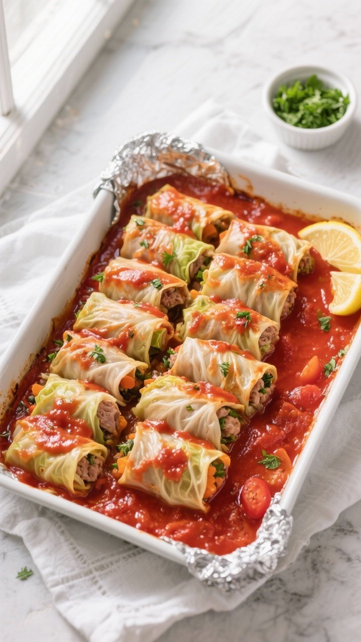 Cooking process, overhead: Overhead shot of neatly arranged turkey and vegetable stuffed cabbage rol
