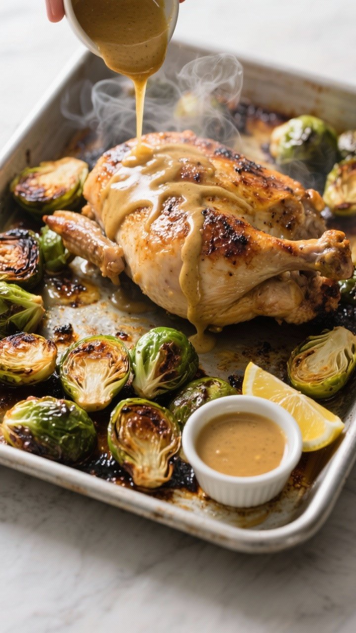Cooking process: Overhead shot of a hot sheet pan mid-roast at the 12-minute mark—chicken being ba