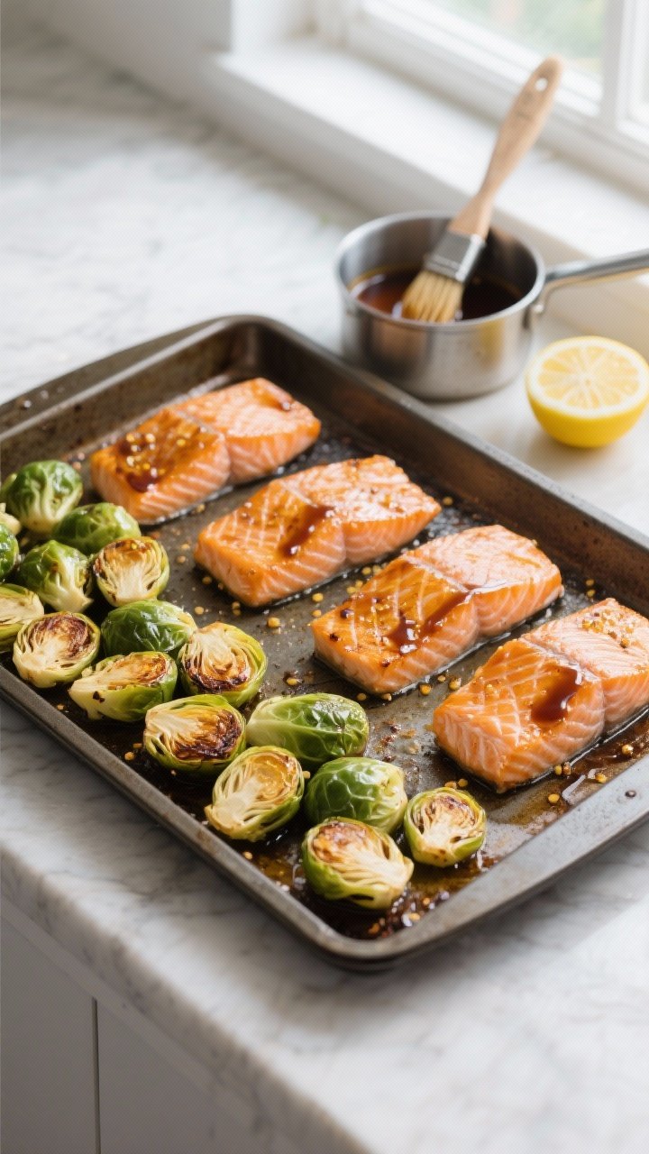 Cooking process: Overhead shot of a hot sheet pan mid-cook after tossing, showing halved Brussels sp