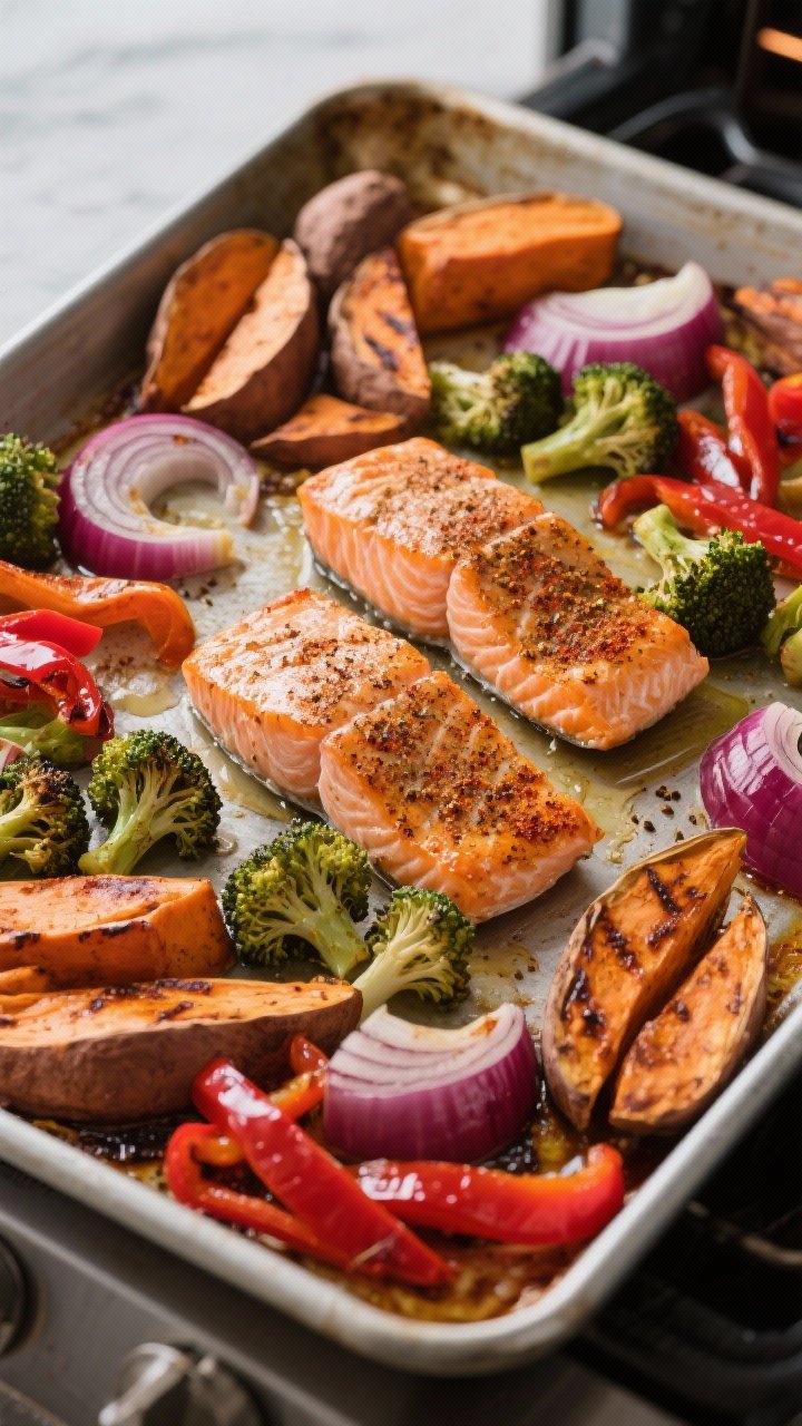 Cooking process: Overhead shot of a loaded sheet pan mid-roast after adding veggies—sweet potatoes