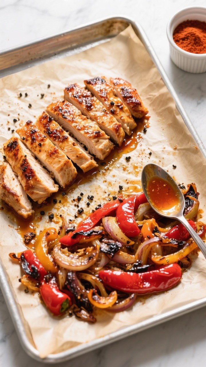 Cooking process: Overhead shot of a one-pan roast at peak doneness—marinated chicken strips arrang