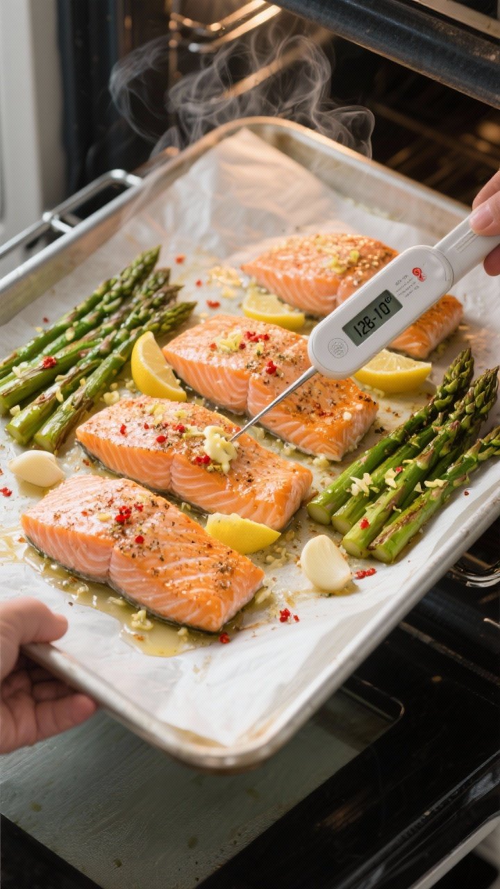Cooking process: Overhead shot of a parchment-lined sheet pan mid-bake being pulled from the oven ra