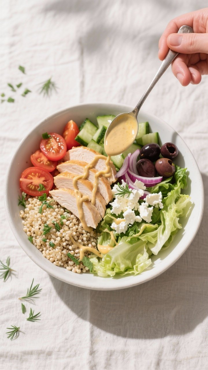 Cooking process: Overhead shot of Greek Chicken Power Bowl assembly in progress—half-filled bowl w