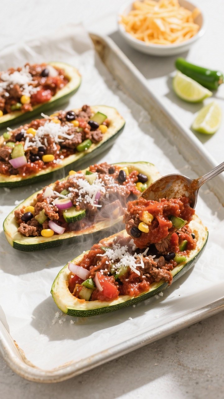 Cooking process: Overhead shot of pre-baked zucchini boats being filled on a parchment-lined sheet p