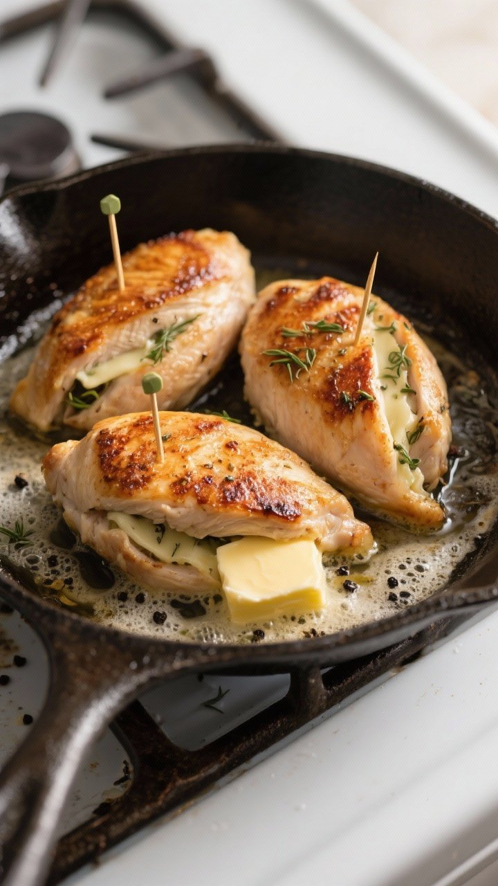 Cooking process: Overhead shot of seared stuffed chicken breasts in an oven-safe skillet right befor