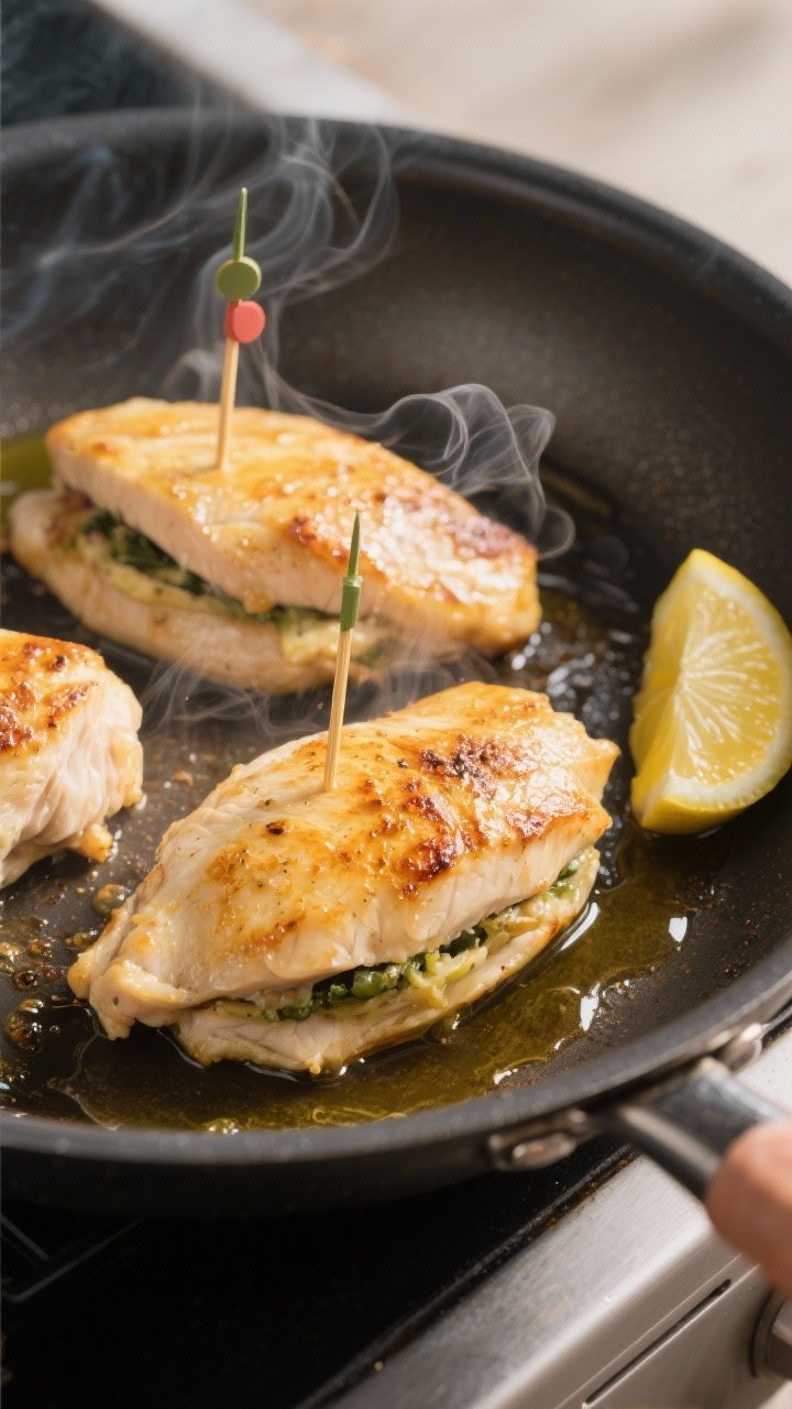 Cooking process: Overhead shot of stuffed chicken breasts being seared in an oven-safe stainless ski