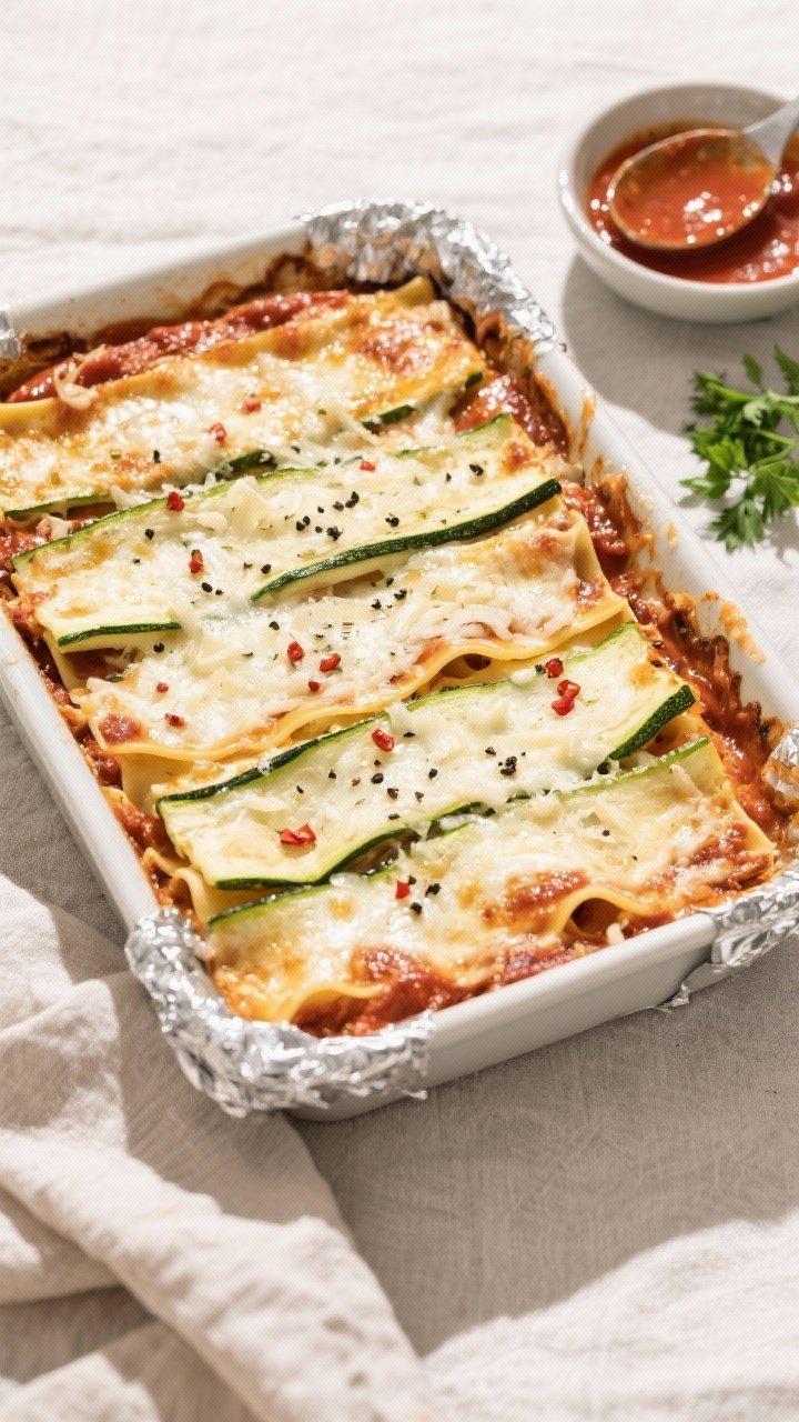 Cooking process: Overhead shot of the assembled lasagna in a 9x13 baking dish right after foil remov