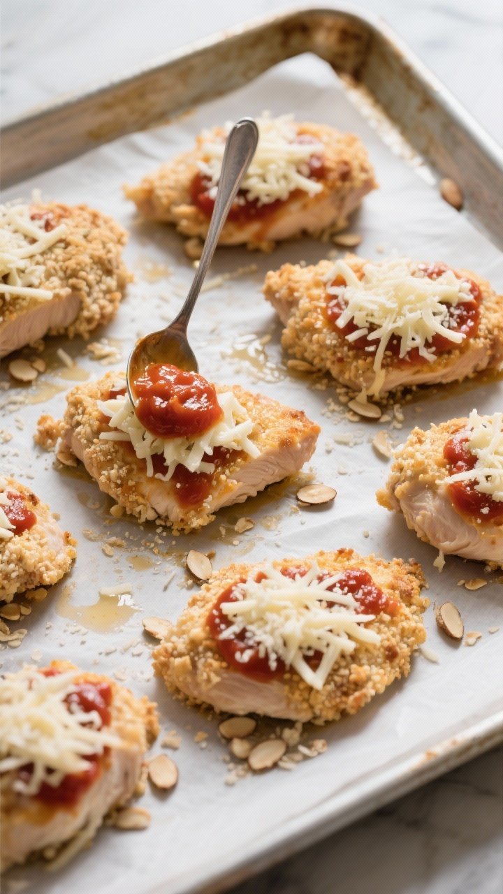 Cooking process: Overhead shot of the baking step right after sauce and cheese have been added—sev