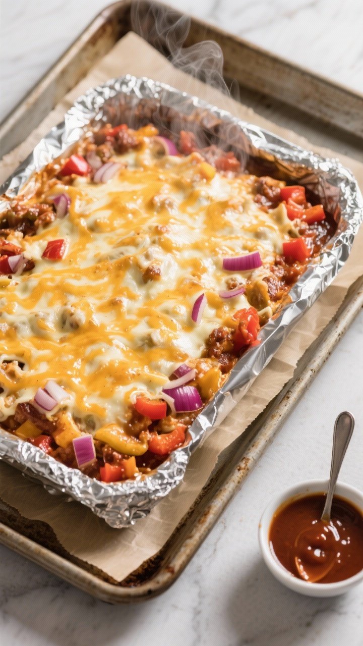Cooking process: Overhead shot of the casserole mid-bake reveal—foil freshly removed to show an ev