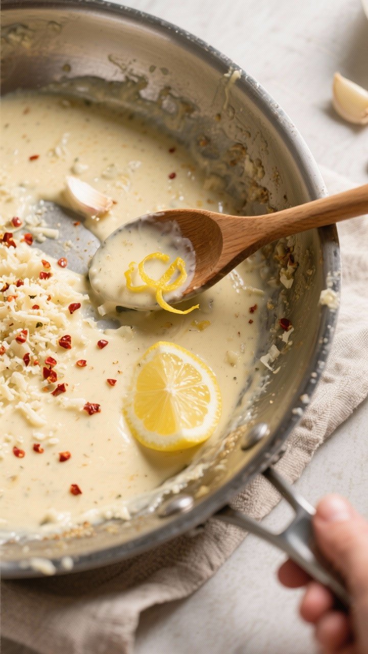 Cooking process: Overhead shot of the deglazing and emulsification moment—creamy Dijon-Parmesan sa