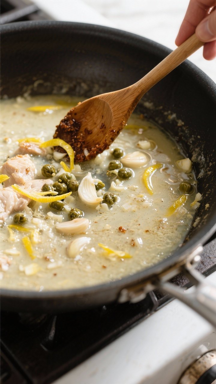 Cooking process: Overhead shot of the deglazing step in a large skillet—white wine and chicken sto