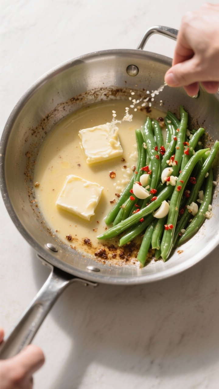 Cooking process: Overhead shot of the moment the sauce comes together in the pan—green beans pushe