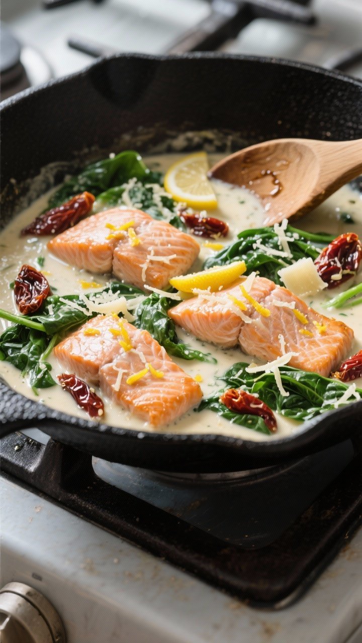 Cooking process: Overhead shot of the one-pan Creamy Tuscan Salmon simmering gently in a large black