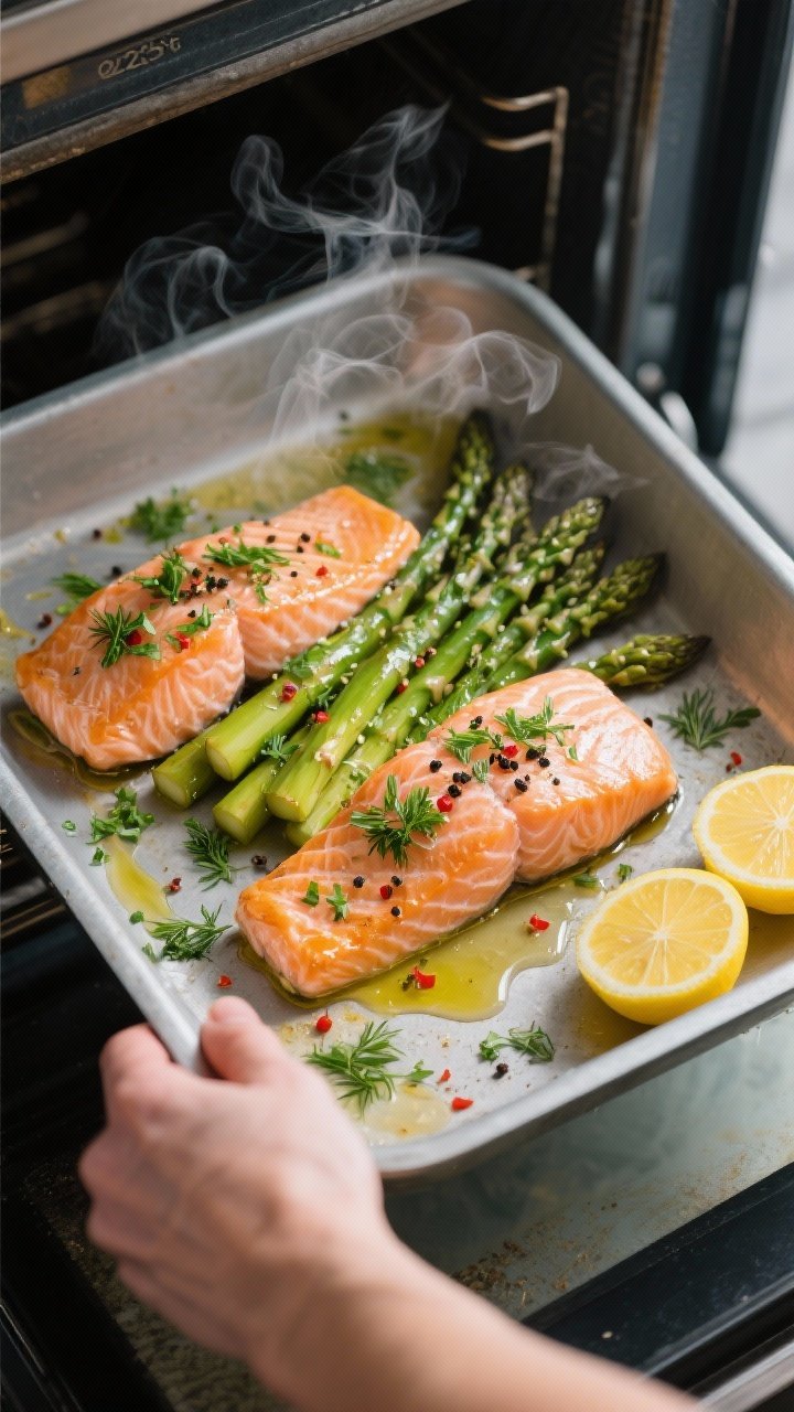 Cooking process: Overhead shot of the pan right out of the 425°F oven, salmon and asparagus sharing