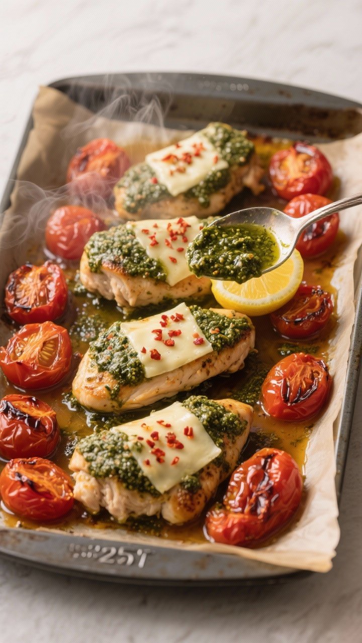 Cooking process: Overhead shot of the sheet pan right out of a 425°F oven—pesto-coated chicken ar