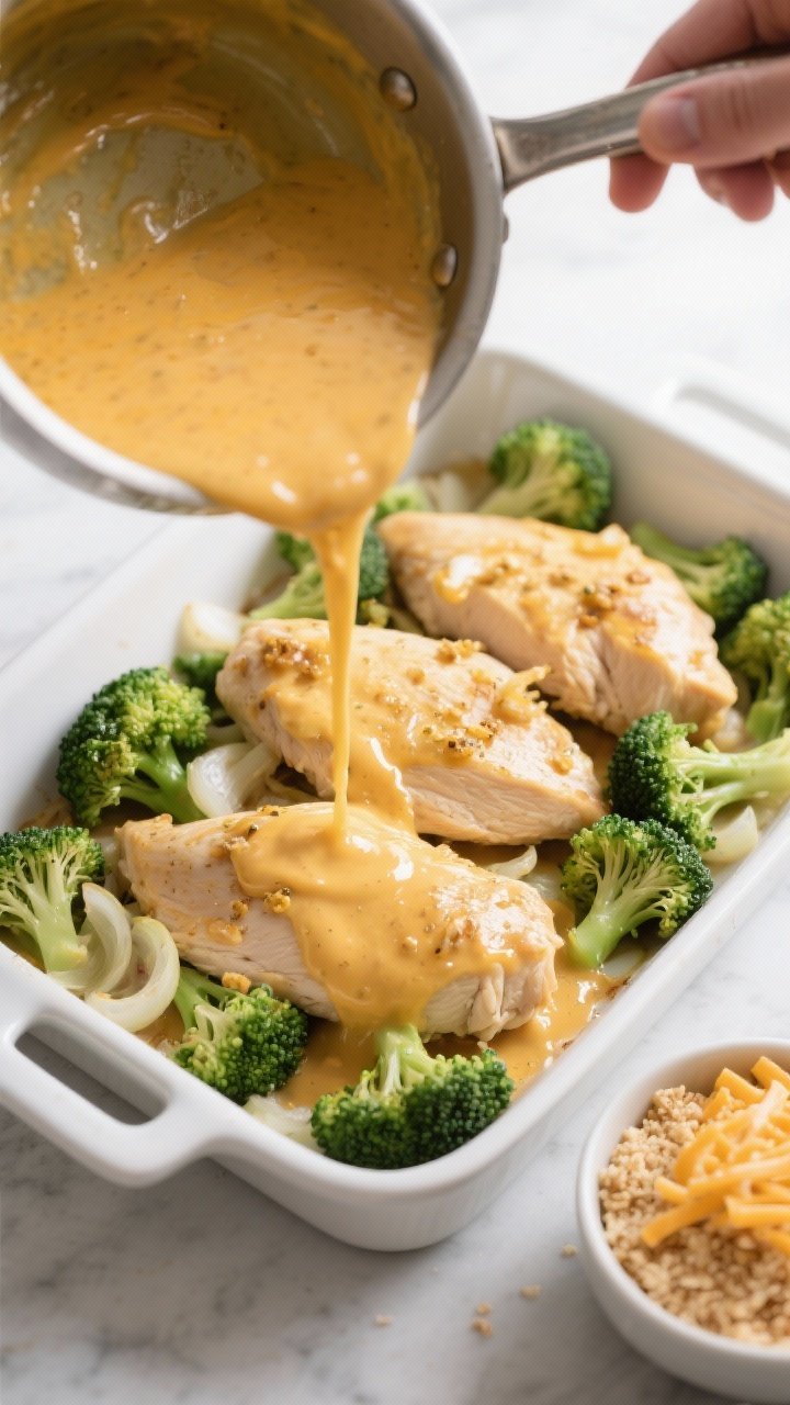 Cooking process: Overhead shot of the silky cheddar sauce being poured from a saucepan over arranged