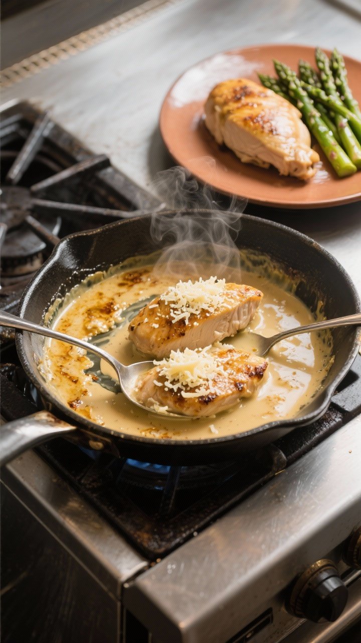 Cooking process: Overhead shot of the skillet during deglazing and sauce building—golden fond bein
