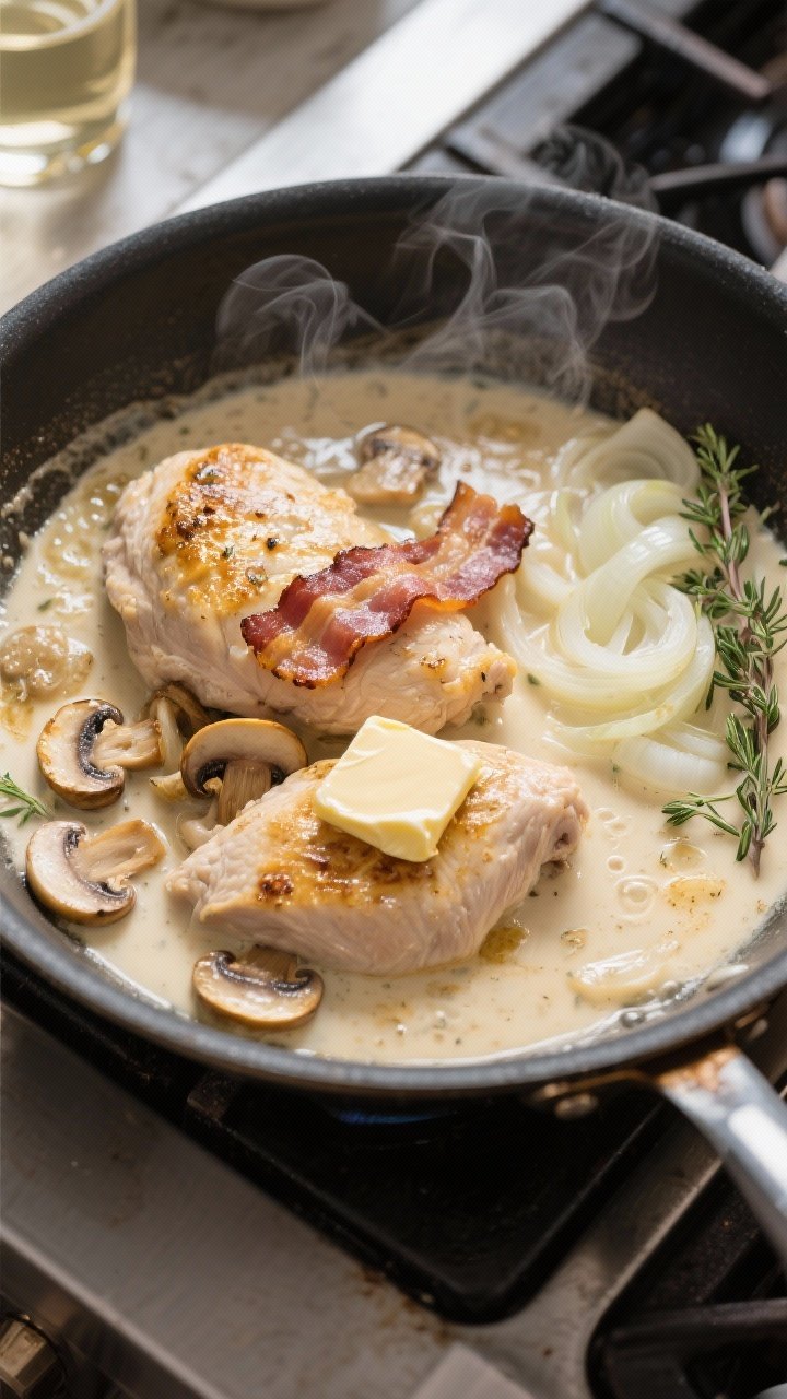 Cooking process: Overhead shot of the skillet mid-simmer as the sauce comes together—chicken retur