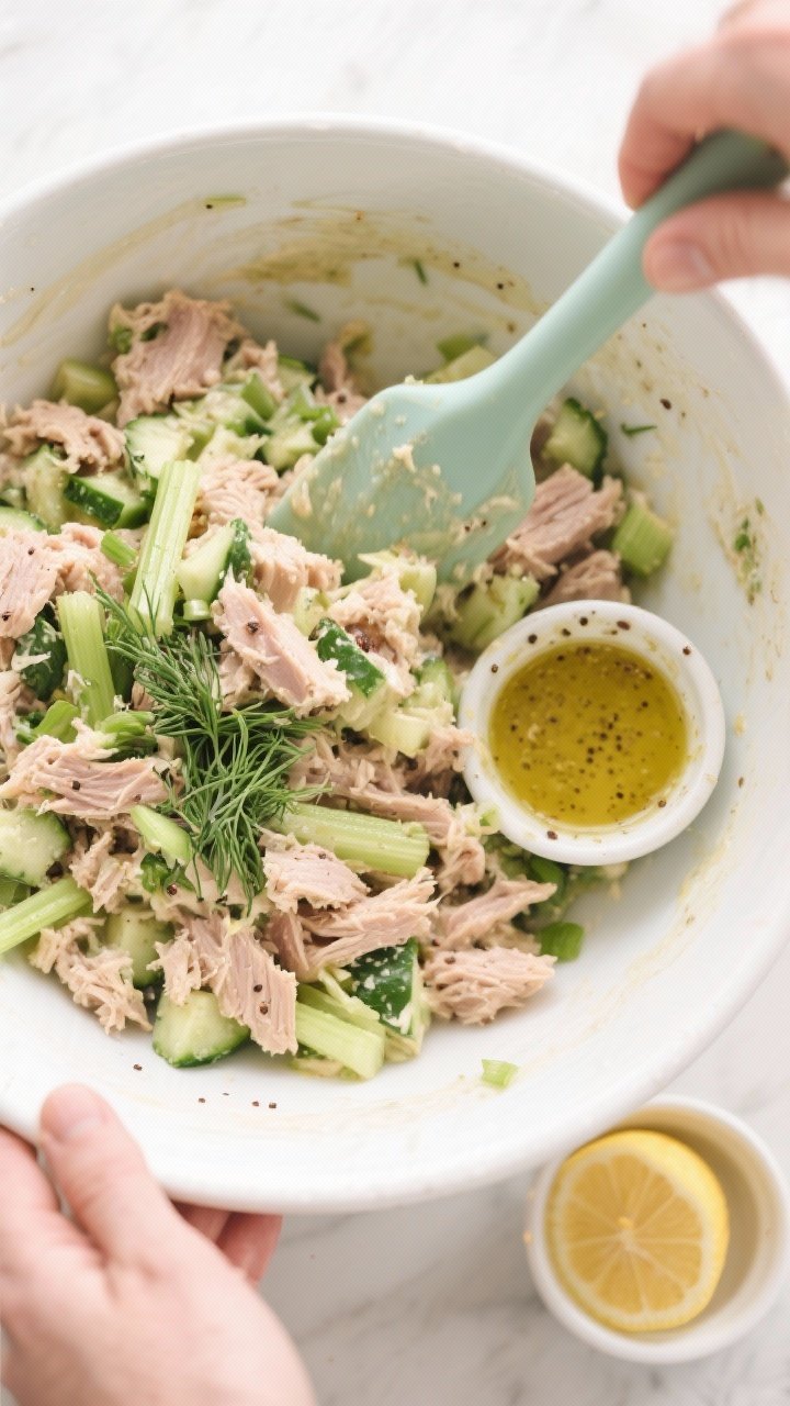 Cooking process: Overhead shot of the tuna salad being gently folded together in a large white mixin
