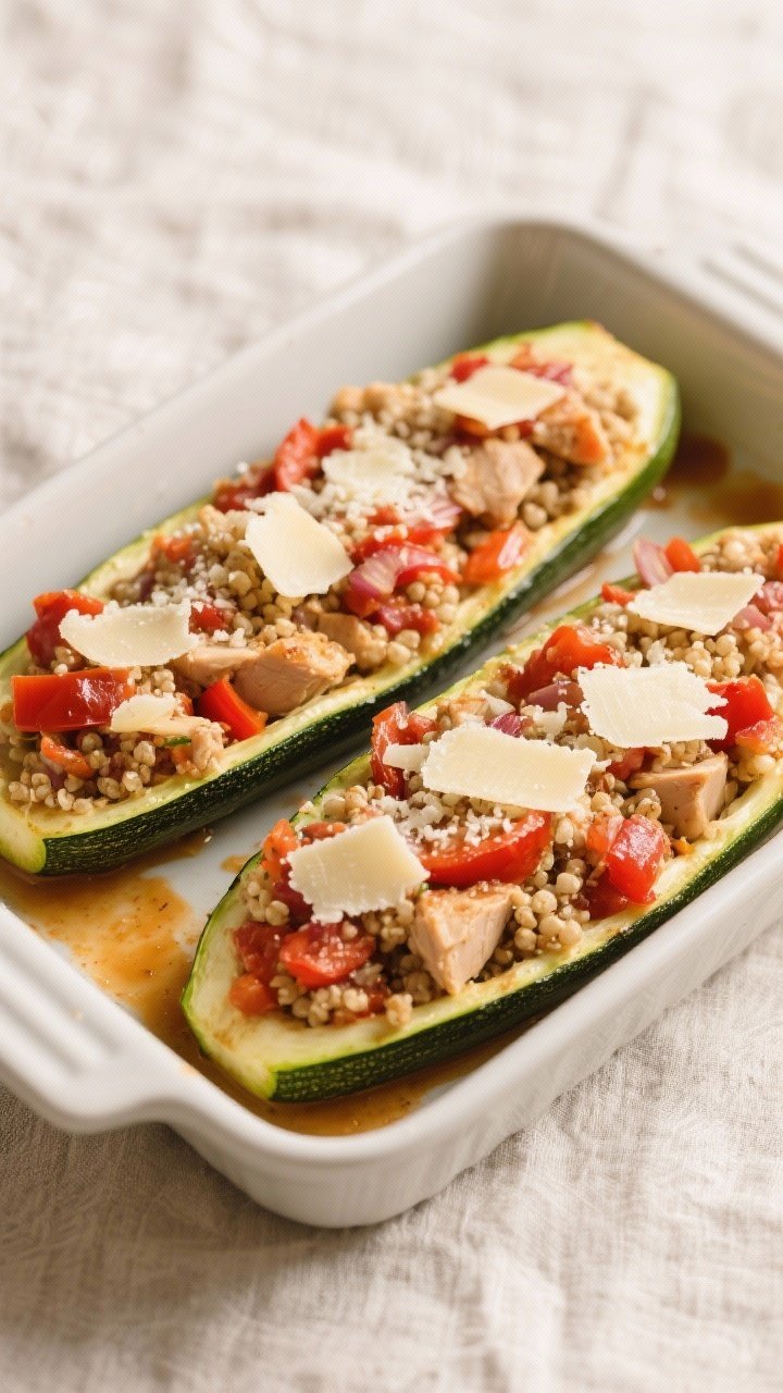Cooking process: Overhead shot of zucchini boats just filled and ready for the final bake—mounded 
